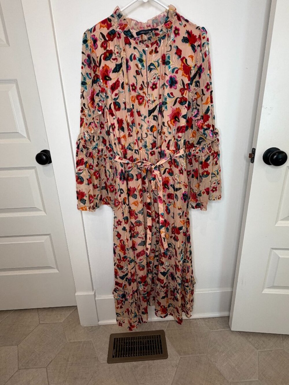 French Connection Sheer and Suede Floral Maxi Dress with Bell Sleeves - Size 10
